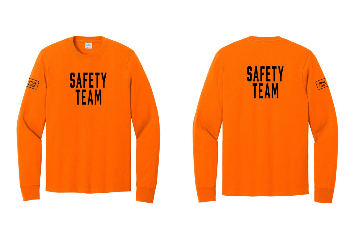 NYC Factory Custom Logo Safety Team Cotton Long Sleeve T-Shirt (Classic) - Front + Back + Your Logo Sleeve - Safety Orange