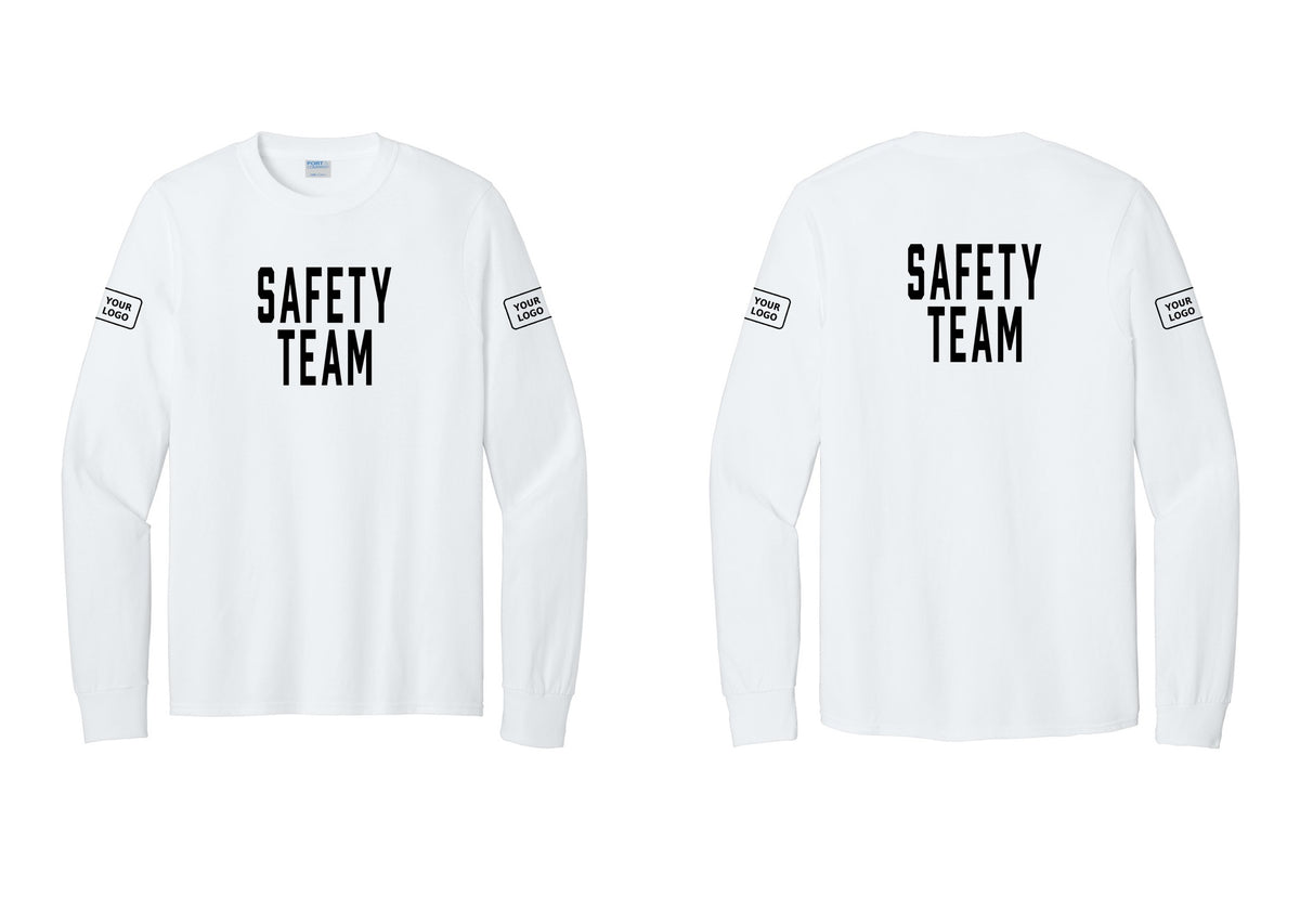 NYC Factory Custom Logo Safety Team Cotton Long Sleeve T-Shirt (Classic) - Front + Back + Your Logo Sleeves - White