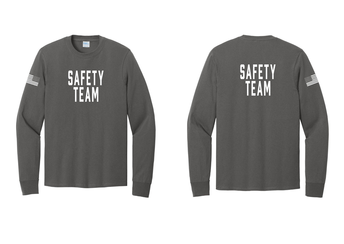 NYC Factory Safety Team Cotton Long Sleeve T-Shirt (Classic) - Front + Back + US Flag Sleeve - Charcoal