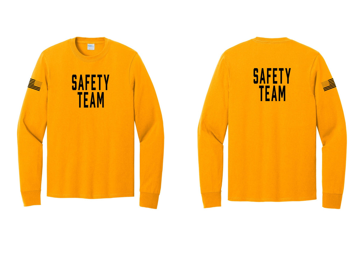 NYC Factory Safety Team Cotton Long Sleeve T-Shirt (Classic) - Front + Back + US Flag Sleeve - Gold
