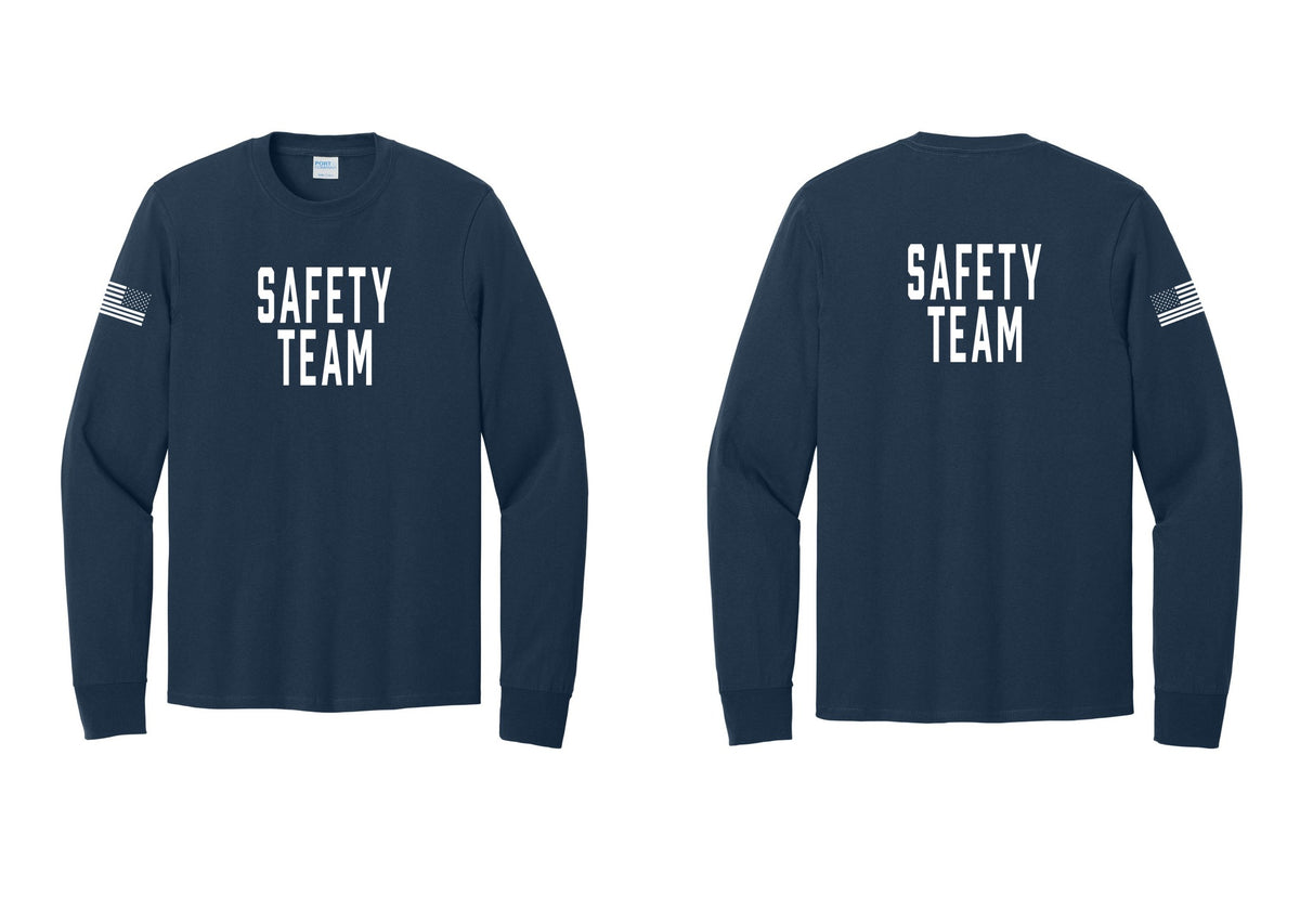 NYC Factory Safety Team Cotton Long Sleeve T-Shirt (Classic) - Front + Back + US Flag Sleeve - Navy