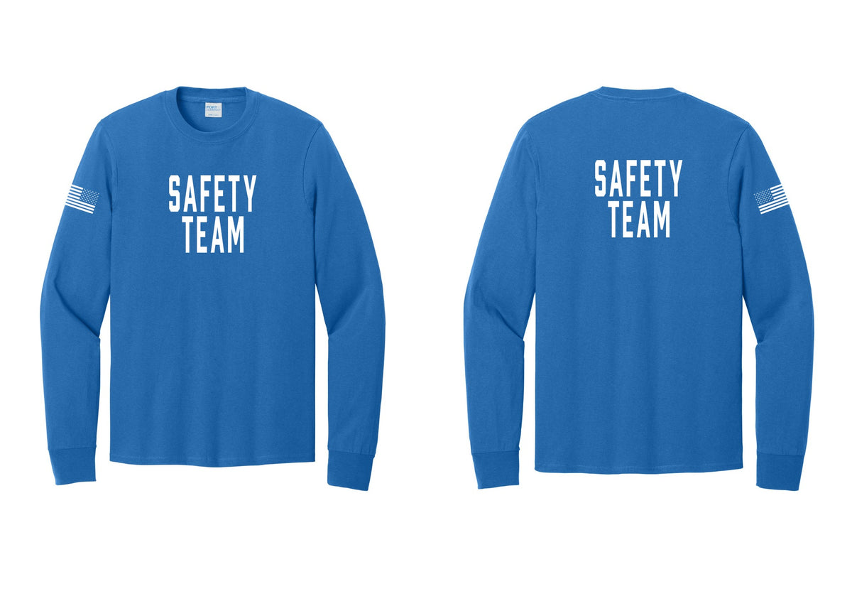 NYC Factory Safety Team Cotton Long Sleeve T-Shirt (Classic) - Front + Back + US Flag Sleeve - Royal