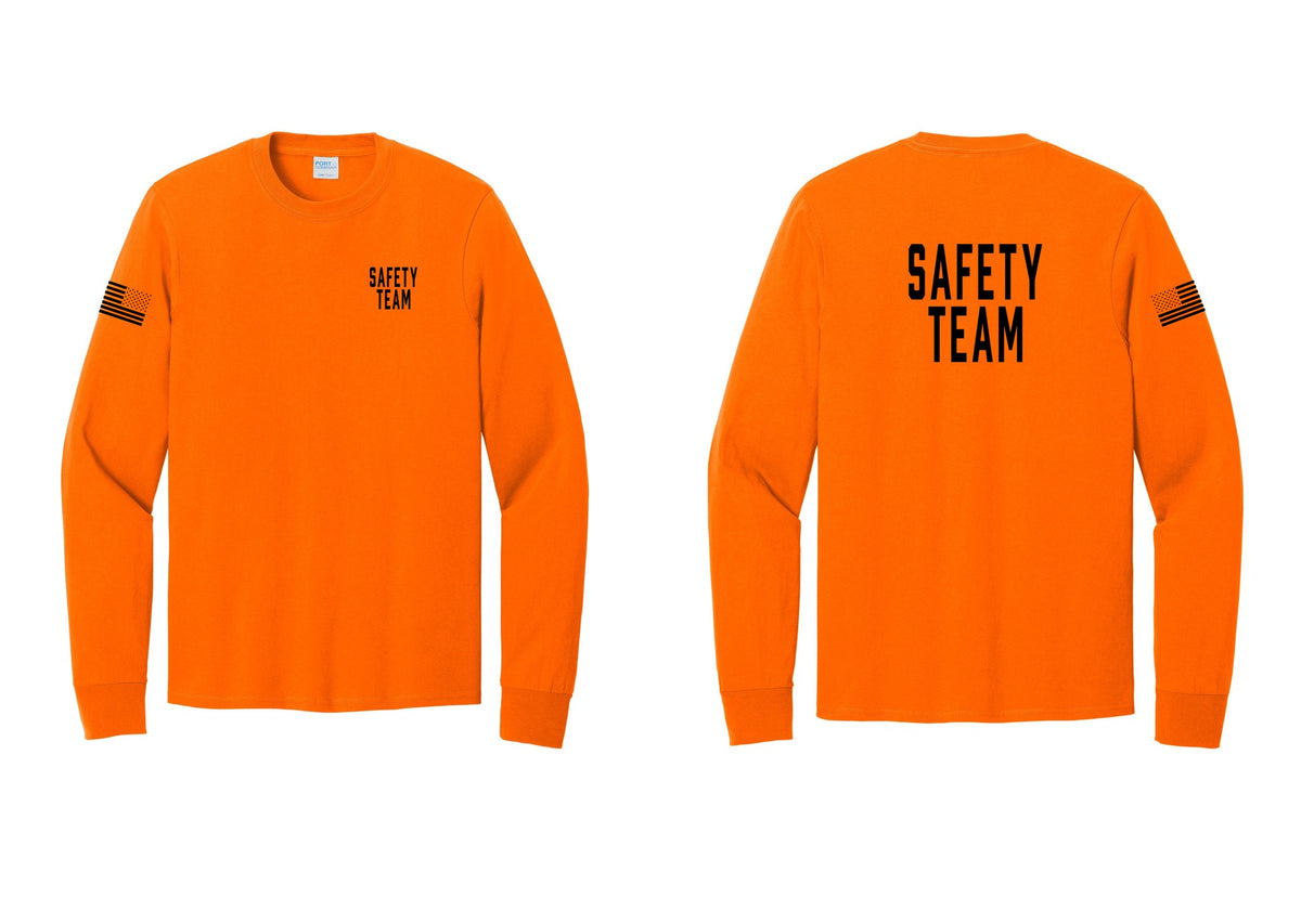 NYC Factory Safety Team Cotton Long Sleeve T-Shirt (Classic) - Chest + Back + US Flag Sleeve - Safety Orange