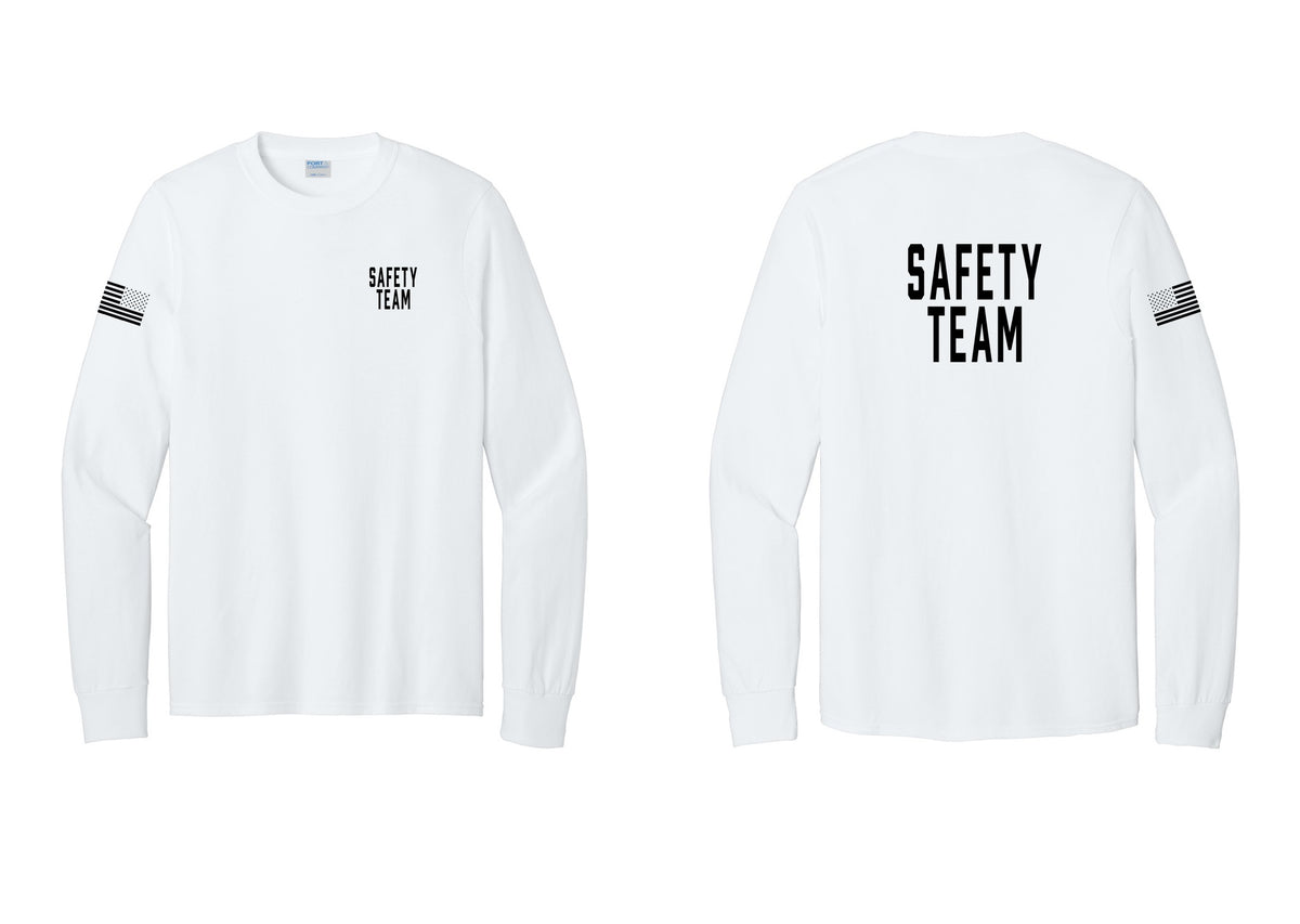 NYC Factory Safety Team Cotton Long Sleeve T-Shirt (Classic) - Chest + Back + US Flag Sleeve - White