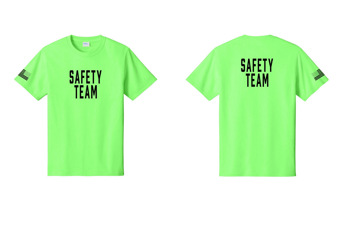 NYC Factory Safety Team T-Shirt for Events, Venues & Volunteers (Classic) - Front + Back + US Flag Sleeve - Neon Green