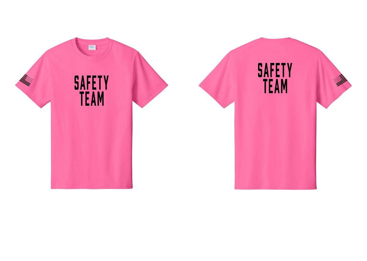 NYC Factory Safety Team T-Shirt for Events, Venues & Volunteers (Classic) - Front + Back + US Flag Sleeve - Neon Pink