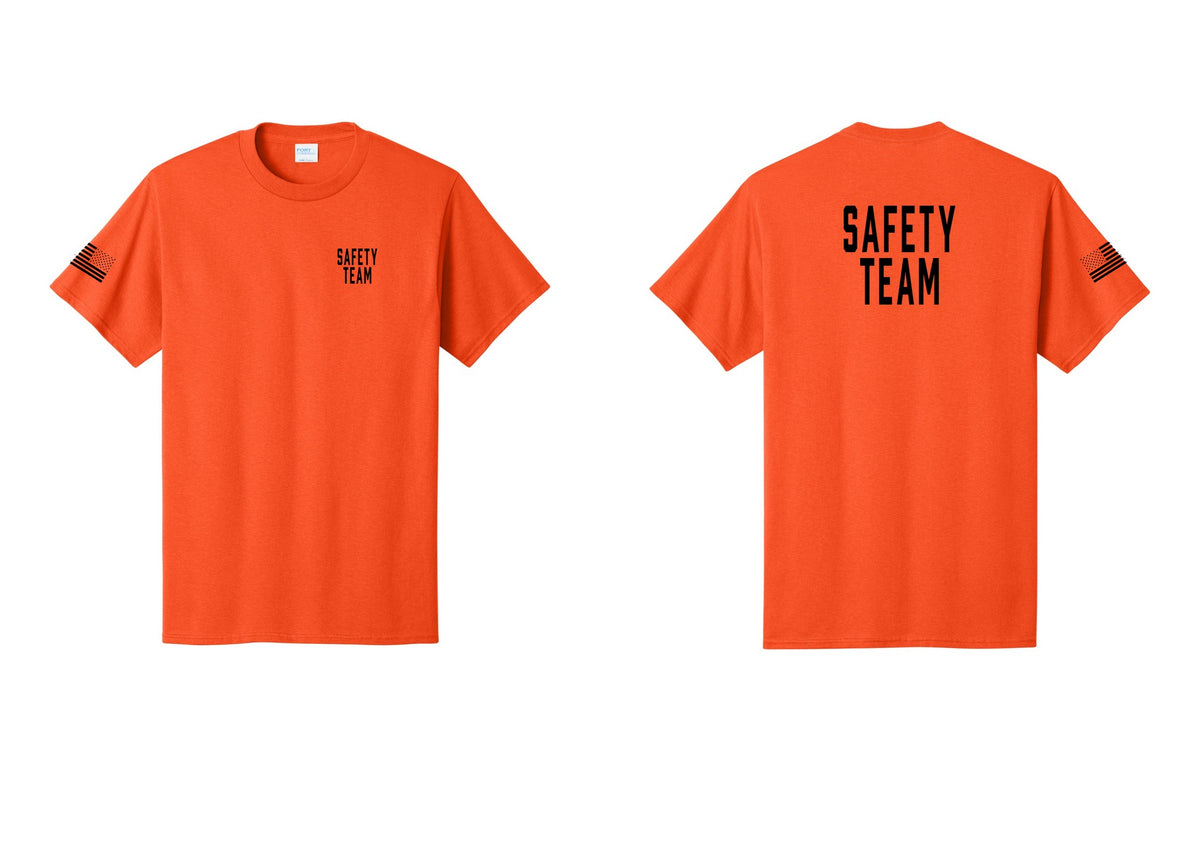 NYC Factory Safety Team T-Shirt for Events, Venues & Volunteers (Classic) - Chest + Back + US Flag Sleeve - Orange