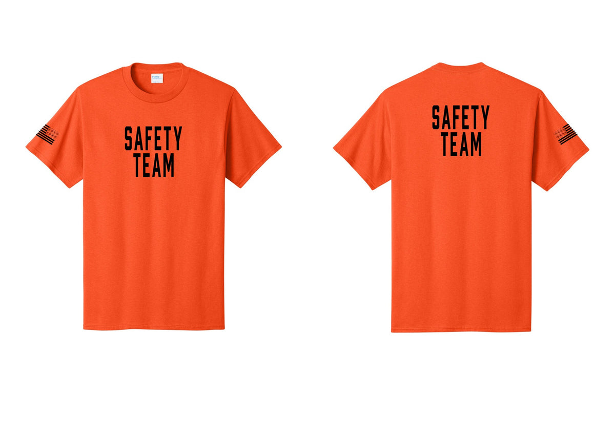 NYC Factory Safety Team T-Shirt for Events, Venues & Volunteers (Classic) - Front + Back + US Flag Sleeve - Orange