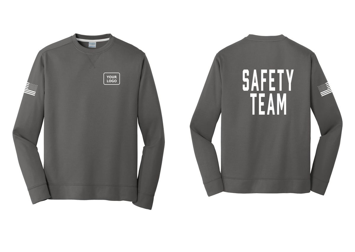 NYC Factory Custom Logo Safety Team Performance Fleece Crewneck Sweatshirt (Classic) - Your Logo + Back + US Flag Sleeve - Charcoal