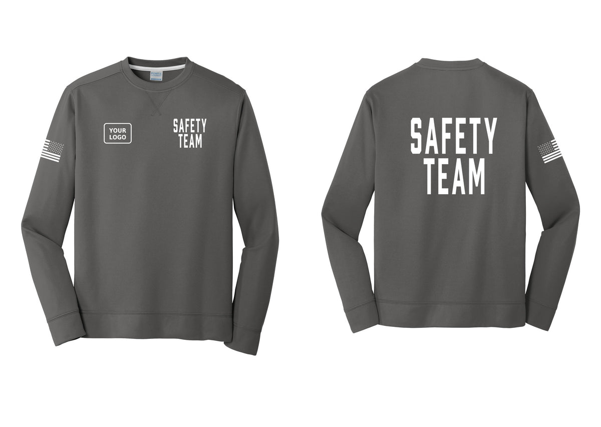 NYC Factory Custom Logo Safety Team Performance Fleece Crewneck Sweatshirt (Classic) - SAFETY TEAM + Your Logo + Back + US Flag Sleeve - Charcoal