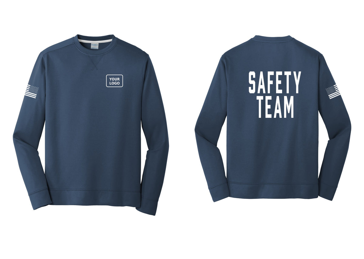NYC Factory Custom Logo Safety Team Performance Fleece Crewneck Sweatshirt (Classic) - Your Logo + Back + US Flag Sleeve - Navy