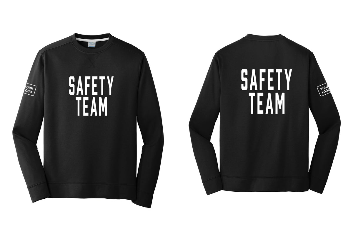 NYC Factory Custom Logo Safety Team Performance Fleece Crewneck Sweatshirt (Classic) - Front + Back + Your Logo Sleeve - Black