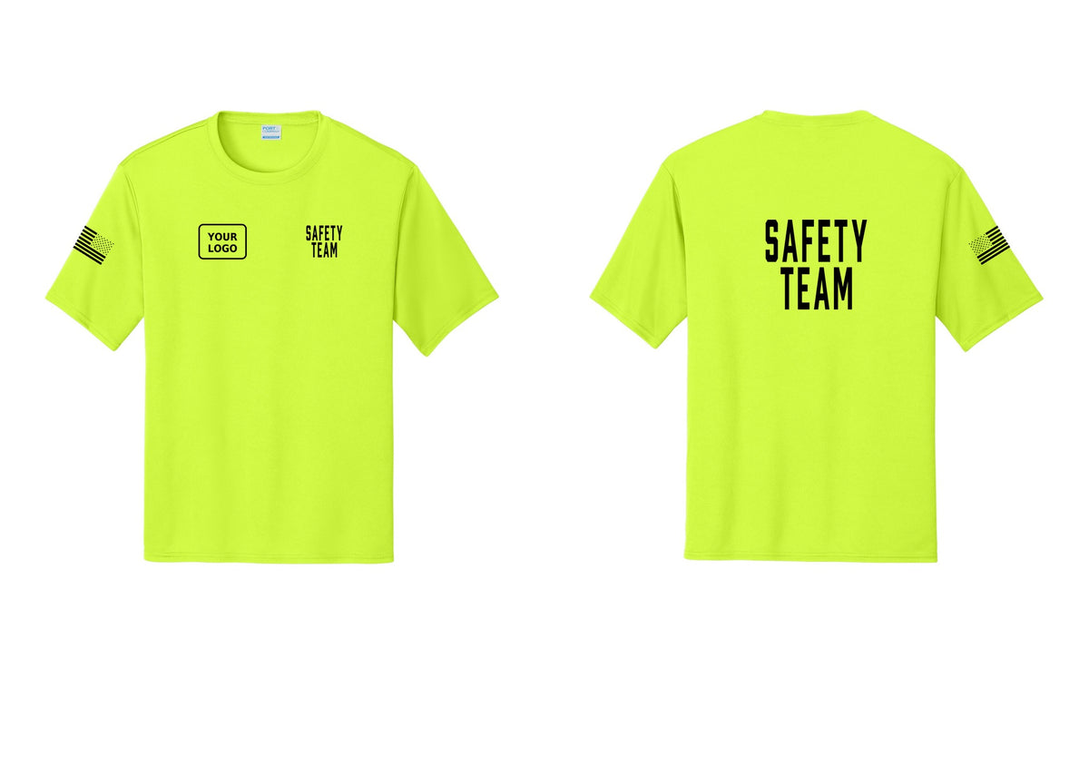 NYC Factory Custom Logo Safety Team Performance T-Shirt (Classic) - SAFETY TEAM + Your Logo + Back + US Flag Sleeve - Neon Yellow