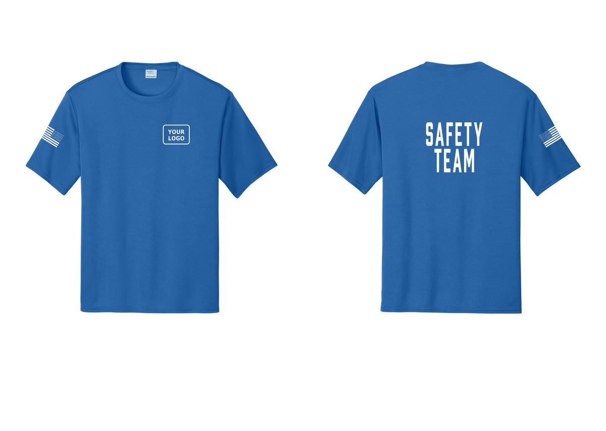 NYC Factory Custom Logo Safety Team Performance T-Shirt (Classic) - Your Logo + Back + US Flag Sleeve - Royal