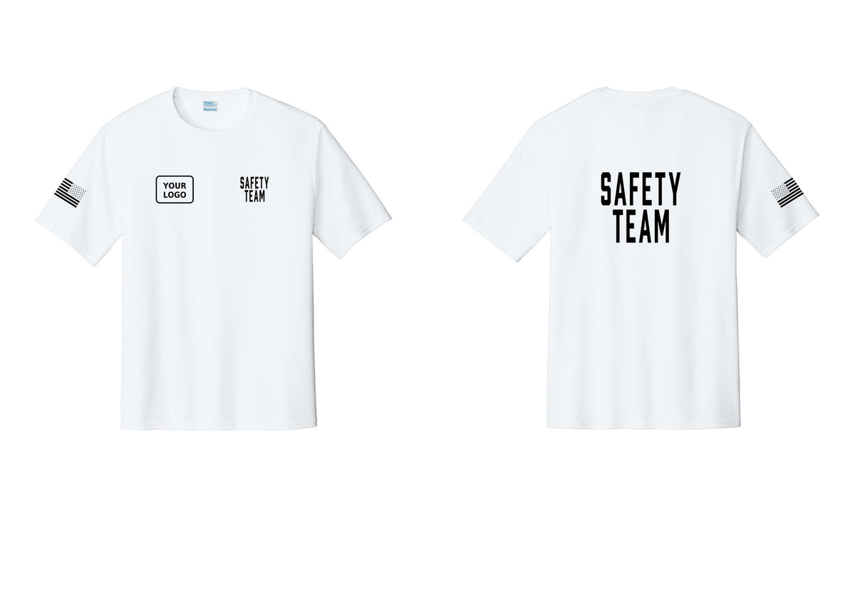 NYC Factory Custom Logo Safety Team Performance T-Shirt (Classic) - SAFETY TEAM + Your Logo + Back + US Flag Sleeve - White