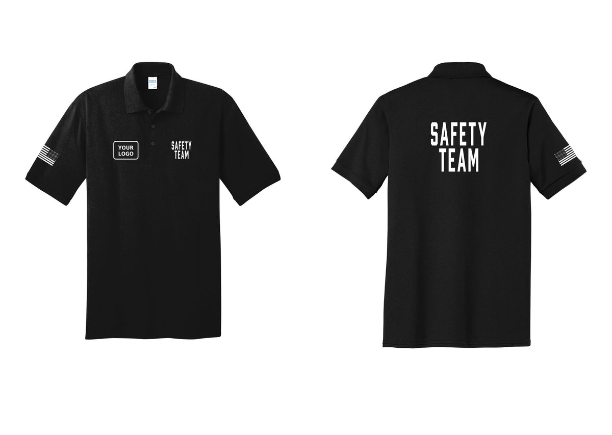 NYC Factory Custom Logo Safety Team Polo Shirt (Classic) - SAFETY TEAM + Your Logo + Back + US Flag Sleeve - Black