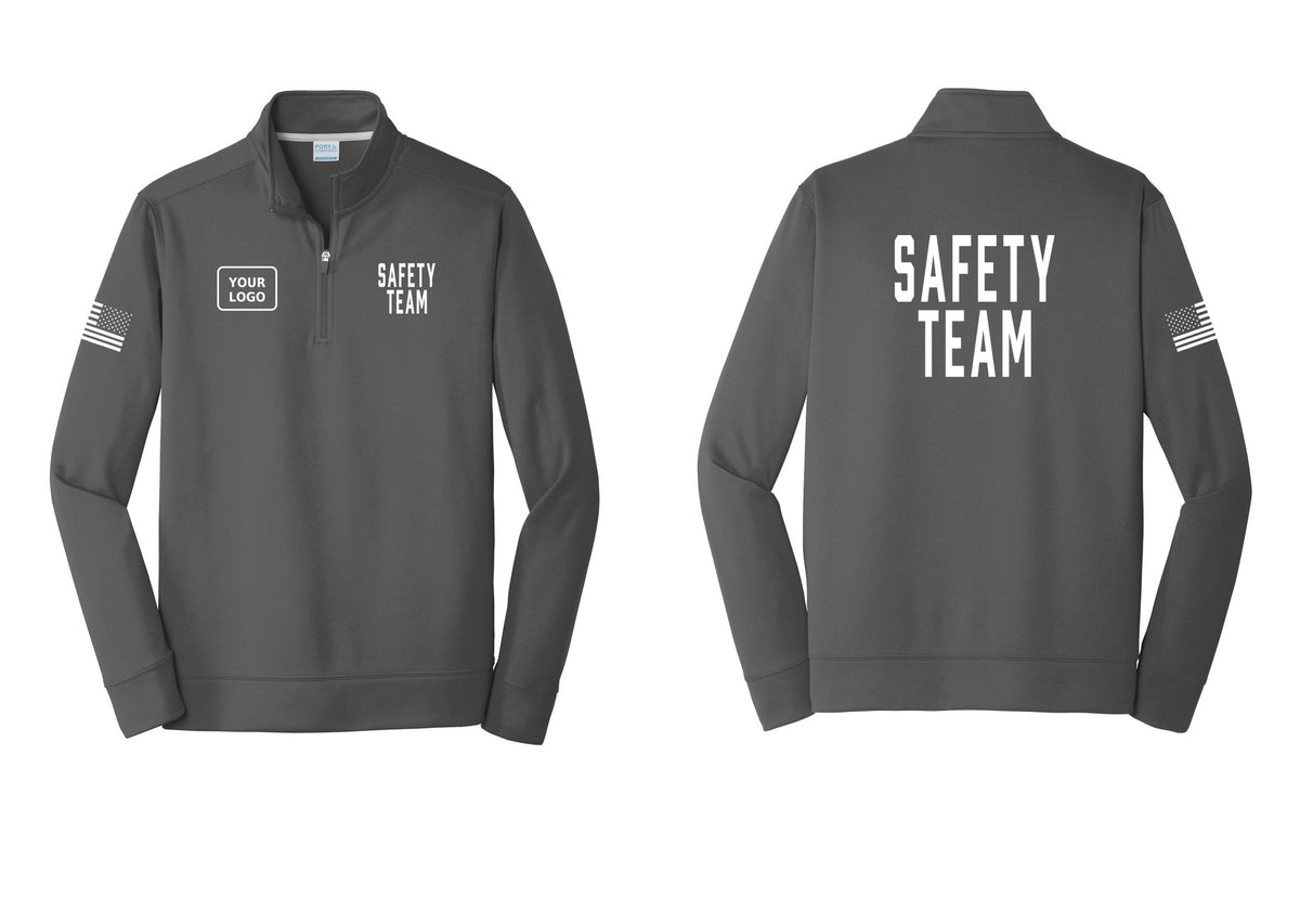 NYC Factory Custom Logo Safety Team Performance Fleece 1/4-Zip Pullover Sweatshirt (Classic) - SAFETY TEAM + Your Logo + Back + US Flag Sleeve - Charcoal