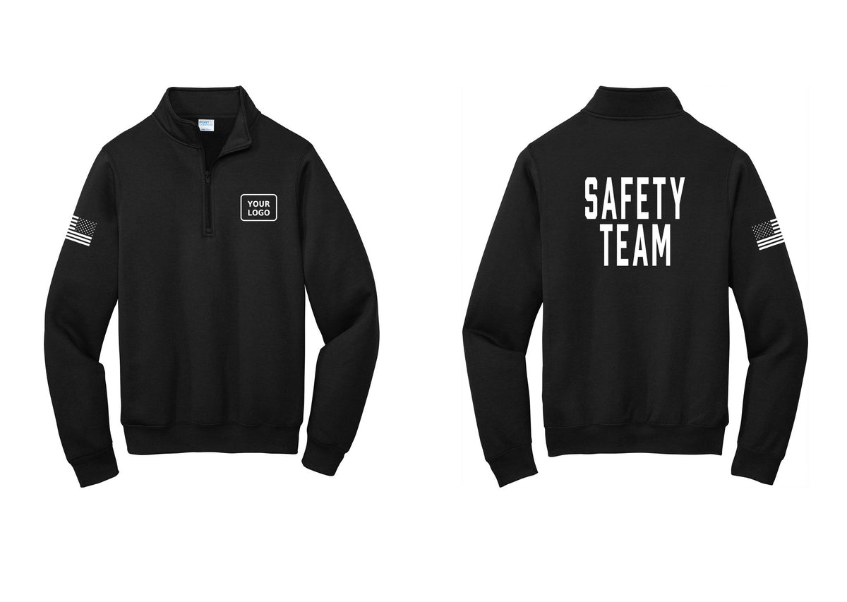 NYC Factory Custom Logo Safety Team Cotton Fleece 1/4-Zip Pullover Sweatshirt (Classic) - Your Logo + Back + US Flag Sleeve - Black
