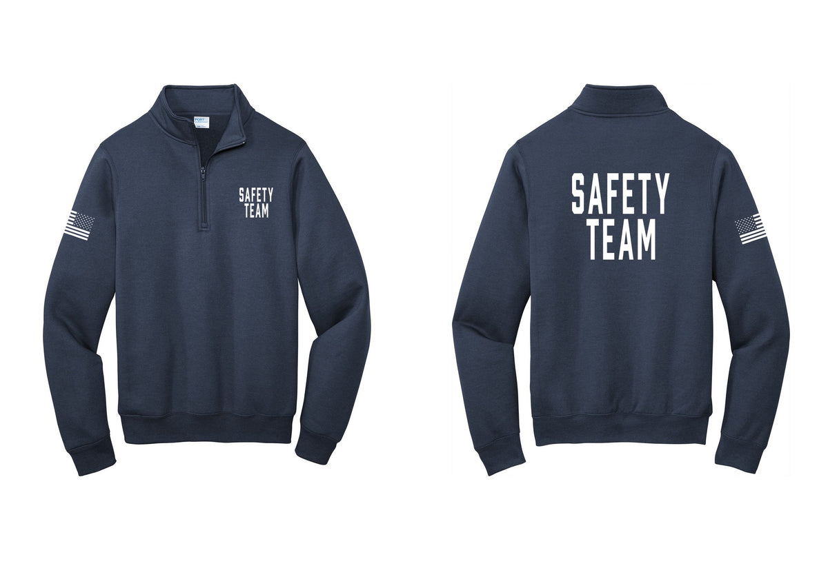 NYC Factory Safety Team Cotton Fleece 1/4-Zip Pullover Sweatshirt (Classic) - Chest + Back + US Flag Sleeve - Navy