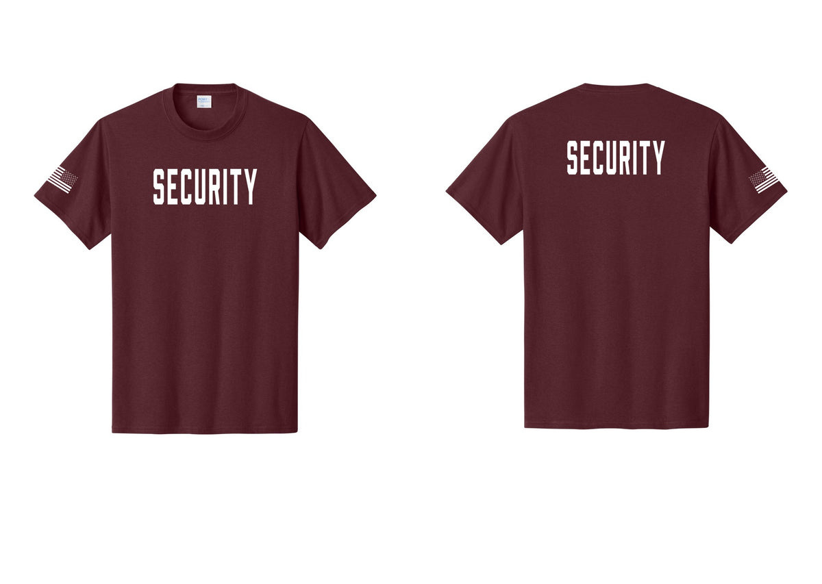 NYC Factory Unisex Security Black T-Shirt - Front + Back + US Flag Sleeve - Athletic Maroon