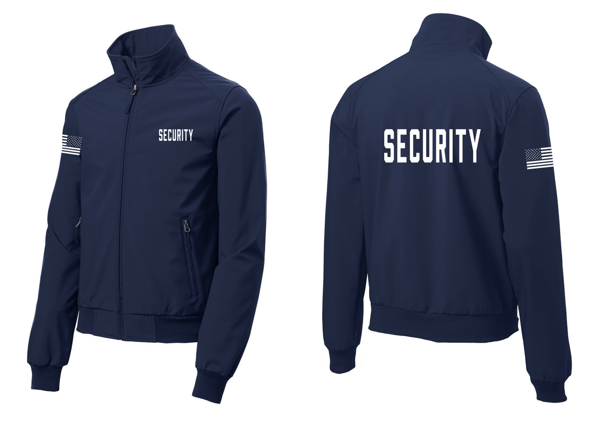 NYC Factory Security Soft Shell Bomber Jacket (Classic) - Chest + Back + US Flag Sleeve - Dress Blue Navy