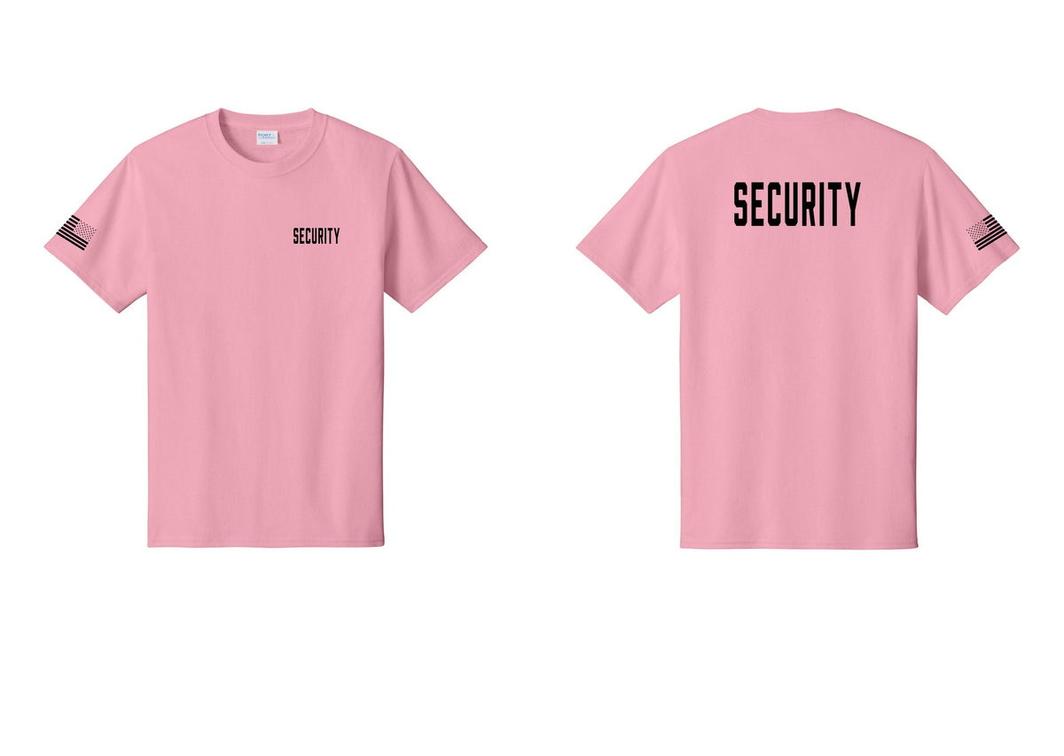 NYC Factory Security T-Shirt, Condensed Lettering - Chest + Back + US Flag Sleeve - Candy Pink