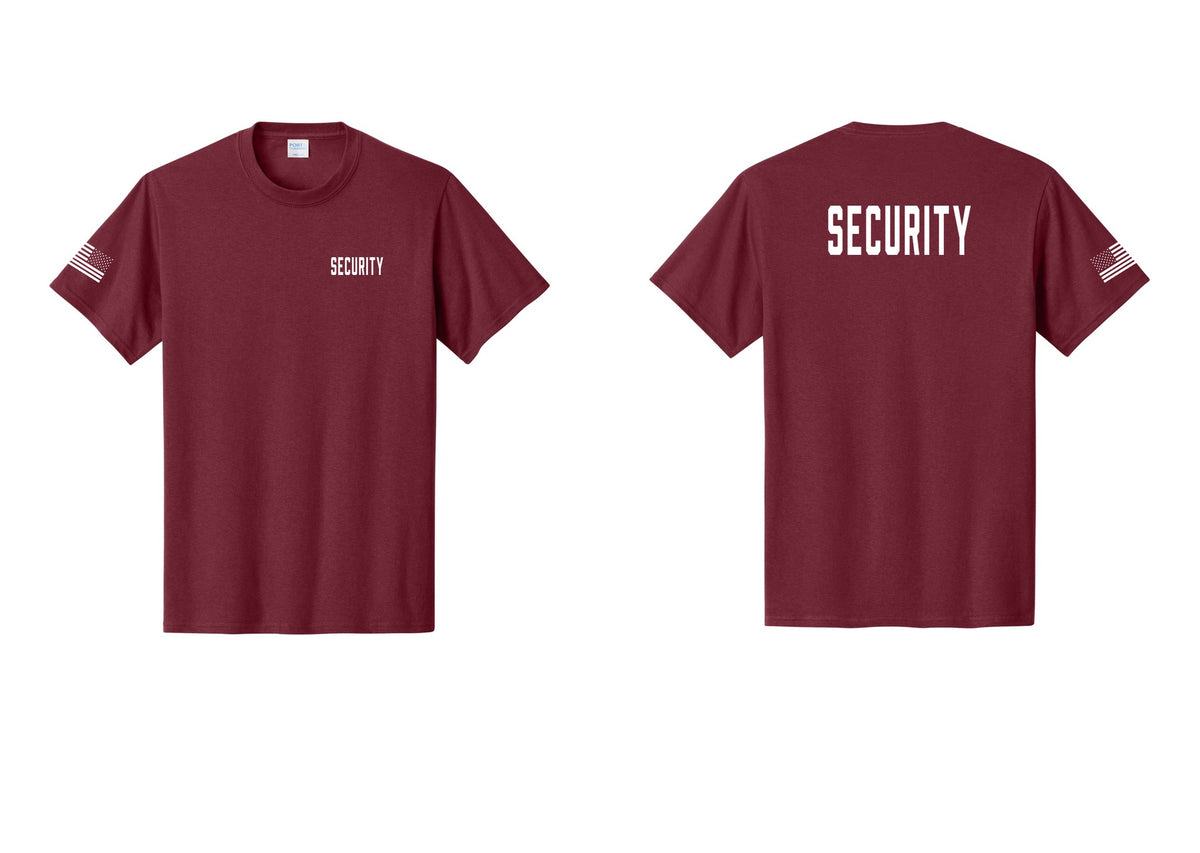 NYC Factory Security T-Shirt, Condensed Lettering - Chest + Back + US Flag Sleeve - Cardinal