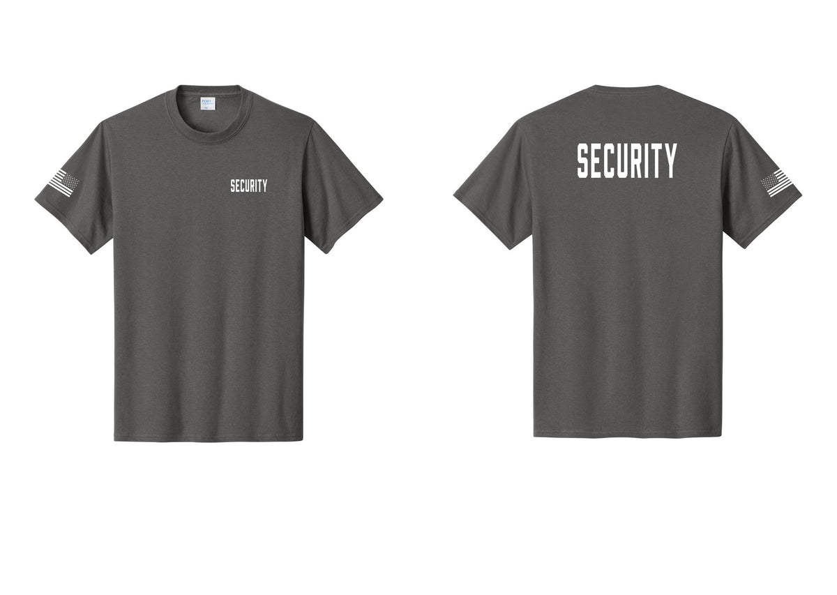 NYC Factory Security T-Shirt, Condensed Lettering - Chest + Back + US Flag Sleeve - Charcoal