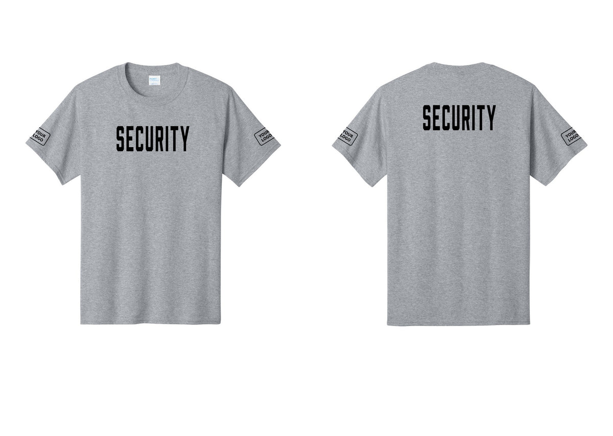 NYC Factory Custom Logo Security T-Shirt, Condensed Lettering - Front + Back + Your Logo Sleeves - Athletic Heather