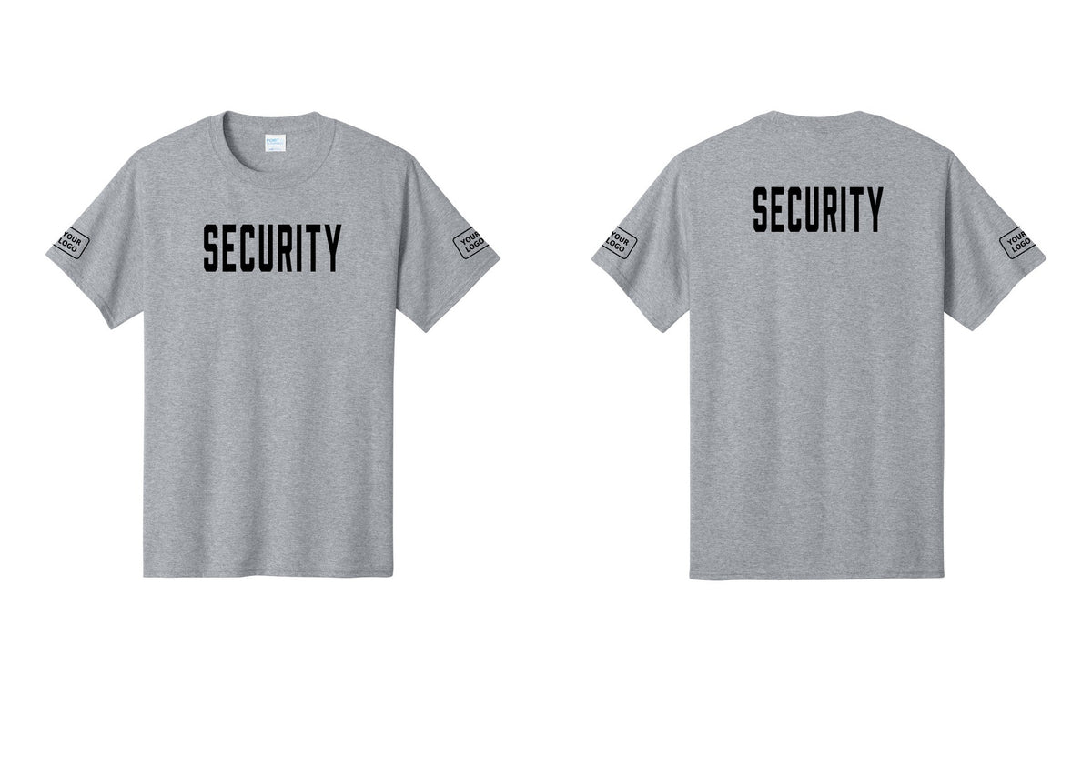 NYC Factory Unisex Security Custom Logo Black T-Shirt - Front + Back + Your Logo Sleeves - Athletic Heather
