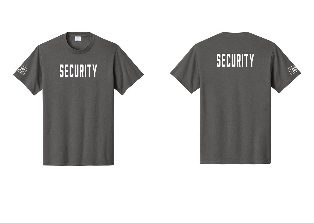 NYC Factory Custom Logo Security T-Shirt, Condensed Lettering - Front + Back + Your Logo Sleeve - Charcoal