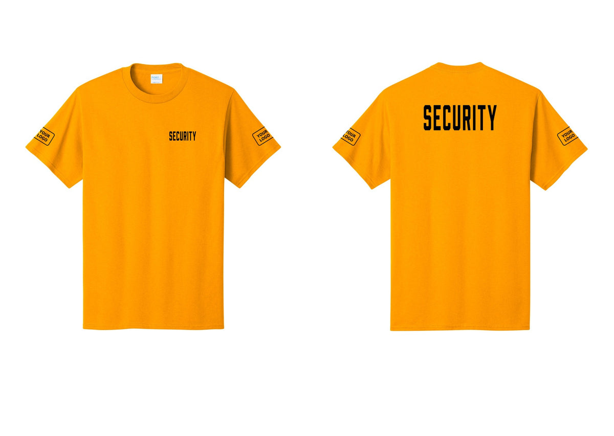 NYC Factory Custom Logo Security T-Shirt, Condensed Lettering - Chest + Back + Your Logo Sleeves - Gold