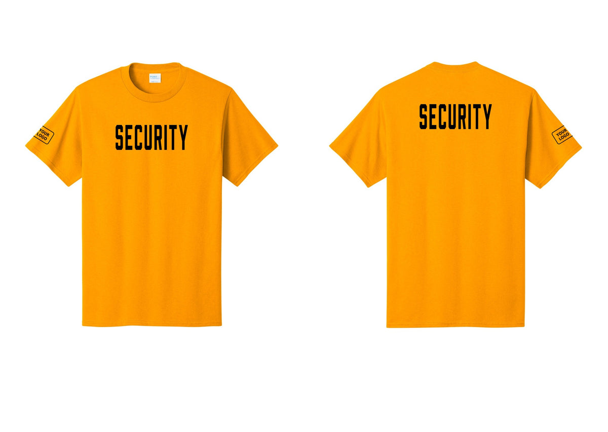 NYC Factory Custom Logo Security T-Shirt, Condensed Lettering - Front + Back + Your Logo Sleeve - Gold