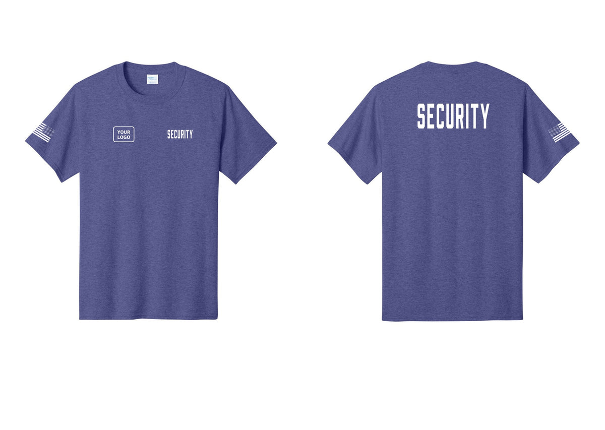 NYC Factory Unisex Security Custom Logo Black T-Shirt - SECURITY + Your Logo + Back + US Flag Sleeve - Heather Purple
