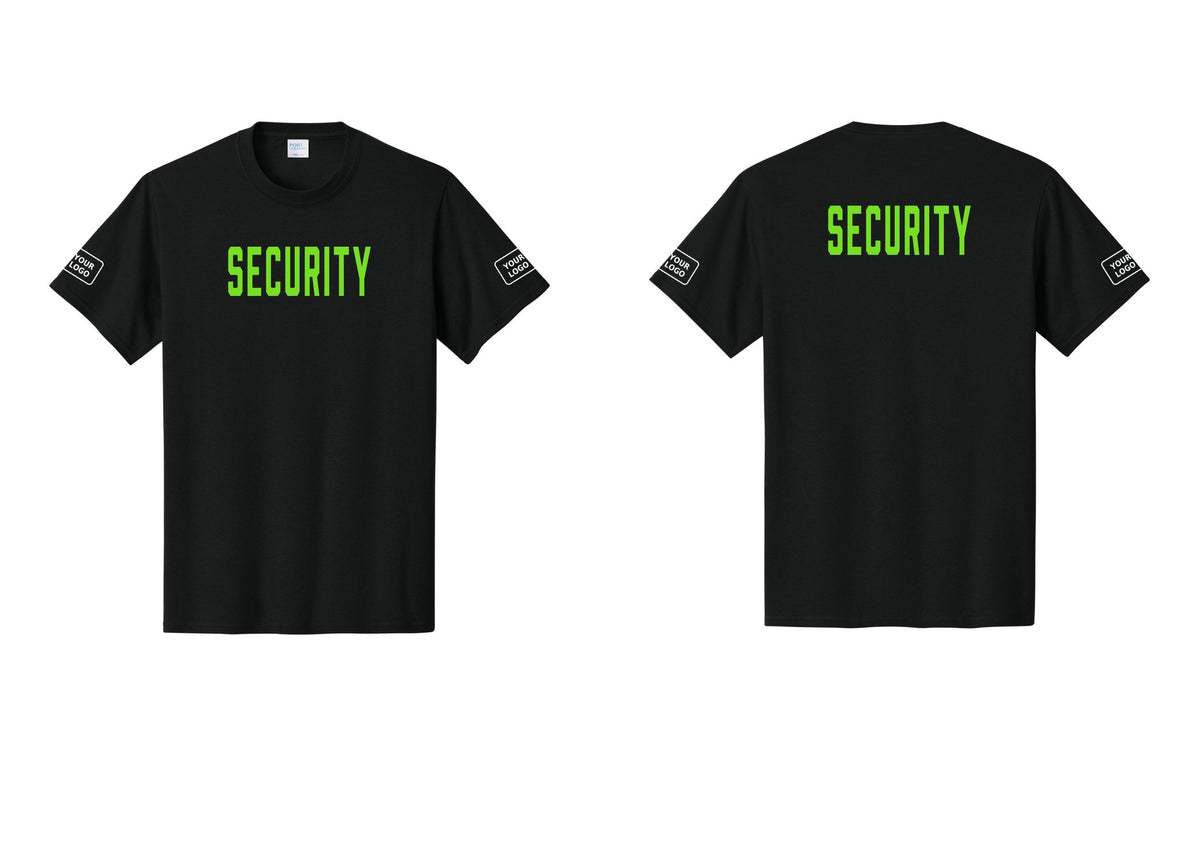 NYC Factory Custom Logo Security T-Shirt, Condensed Lettering - Front + Back + Your Logo Sleeves - Black / Neon