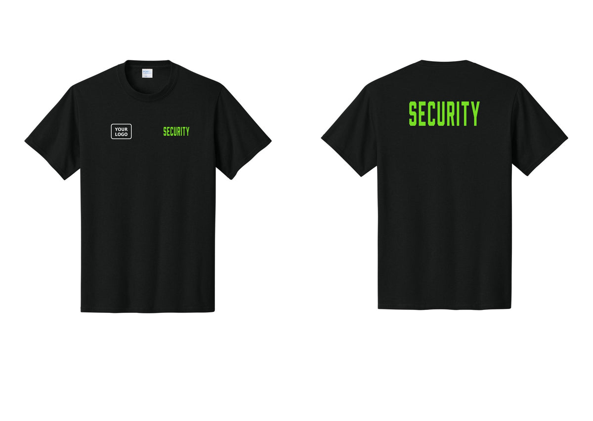 NYC Factory Custom Logo Security T-Shirt, Condensed Lettering - SECURITY + Your Logo + Back - Black / Neon
