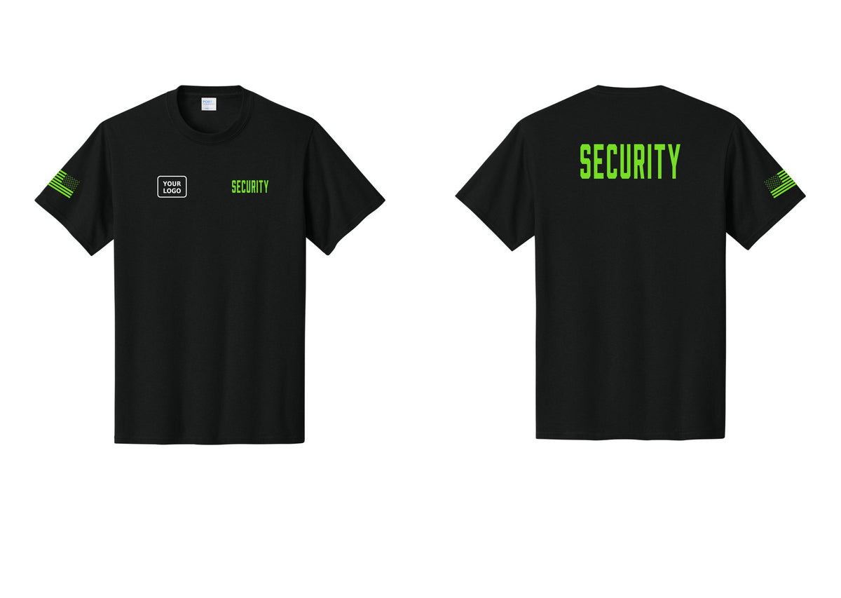 NYC Factory Custom Logo Security T-Shirt, Condensed Lettering - SECURITY + Your Logo + Back + US Flag Sleeve - Black / Neon