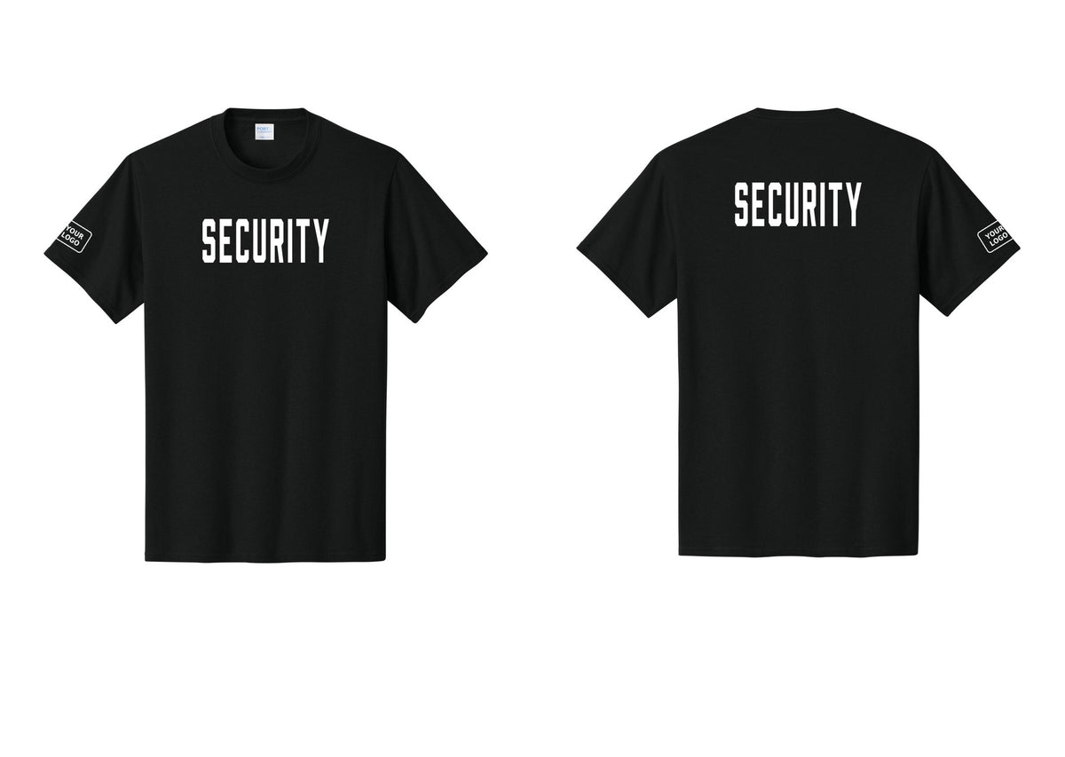 NYC Factory Custom Logo Security T-Shirt, Condensed Lettering - Front + Back + Your Logo Sleeve - Black
