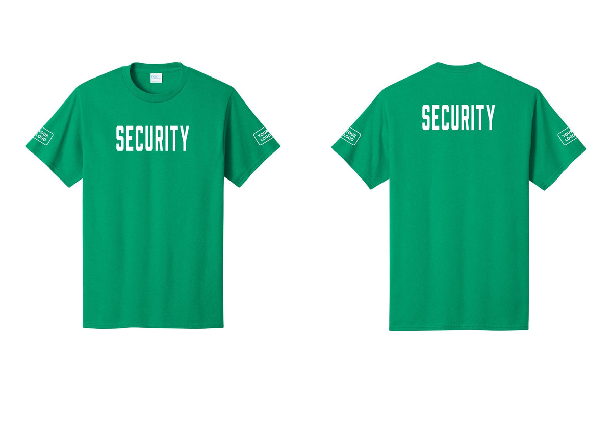 NYC Factory Custom Logo Security T-Shirt, Condensed Lettering - Front + Back + Your Logo Sleeves - Kelly
