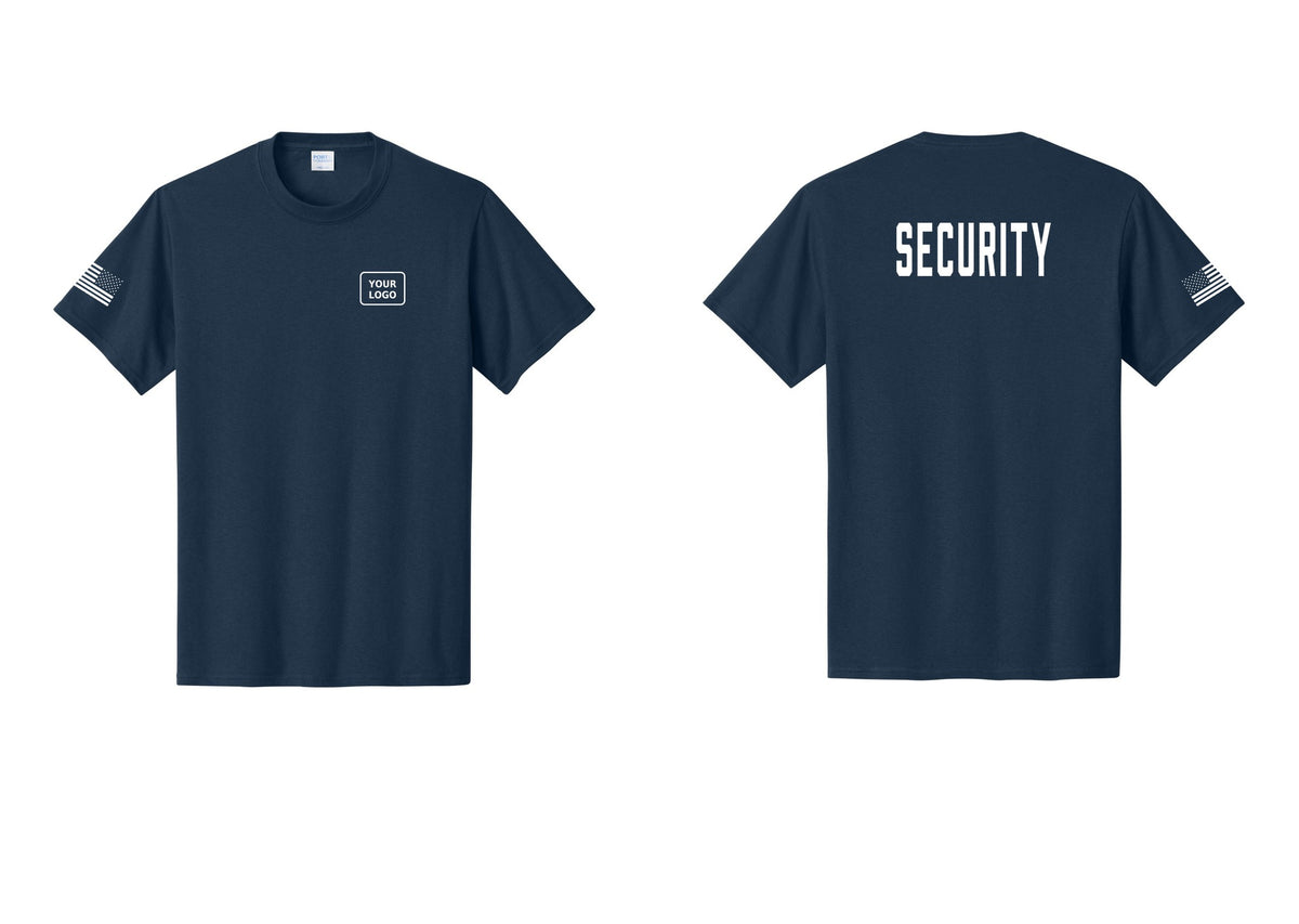 NYC Factory Unisex Security Custom Logo Black T-Shirt - Your Logo + Back + US Flag Sleeve - Navy