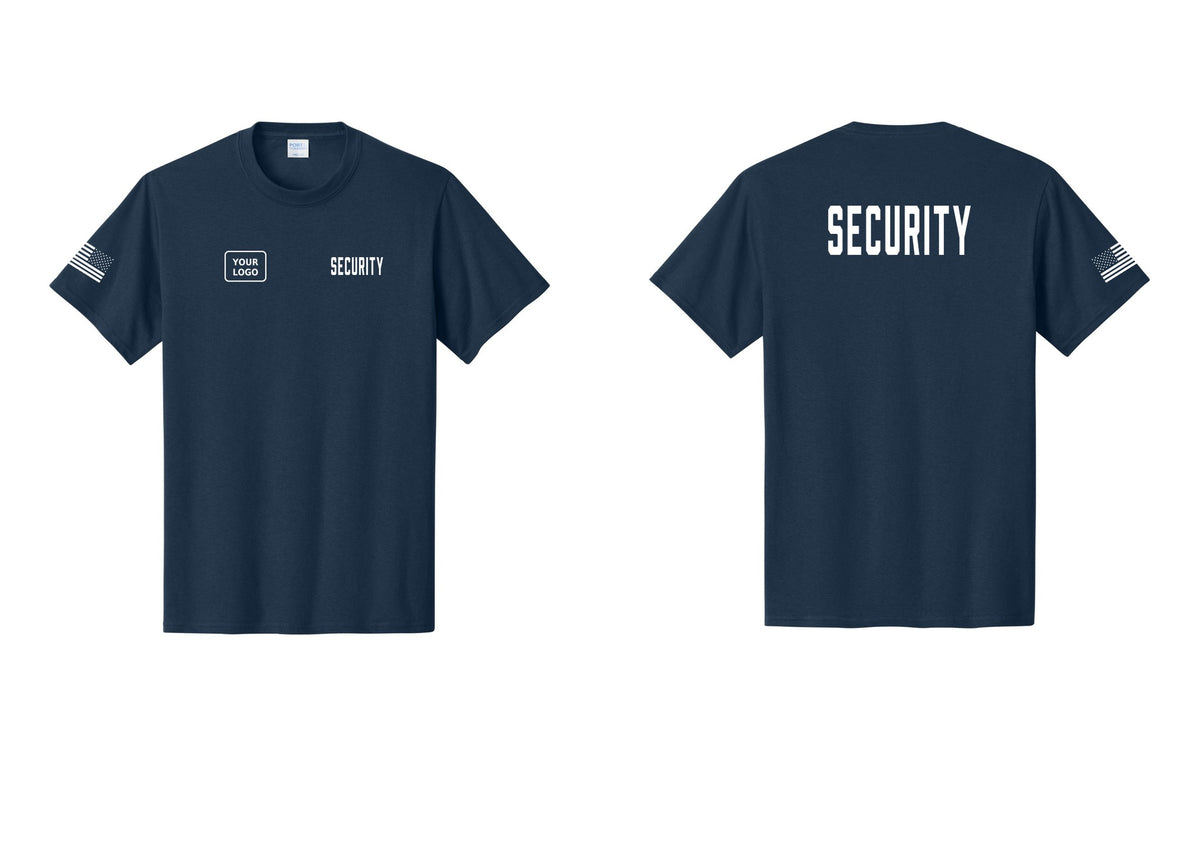 NYC Factory Custom Logo Security T-Shirt, Condensed Lettering - SECURITY + Your Logo + Back + US Flag Sleeve - Navy