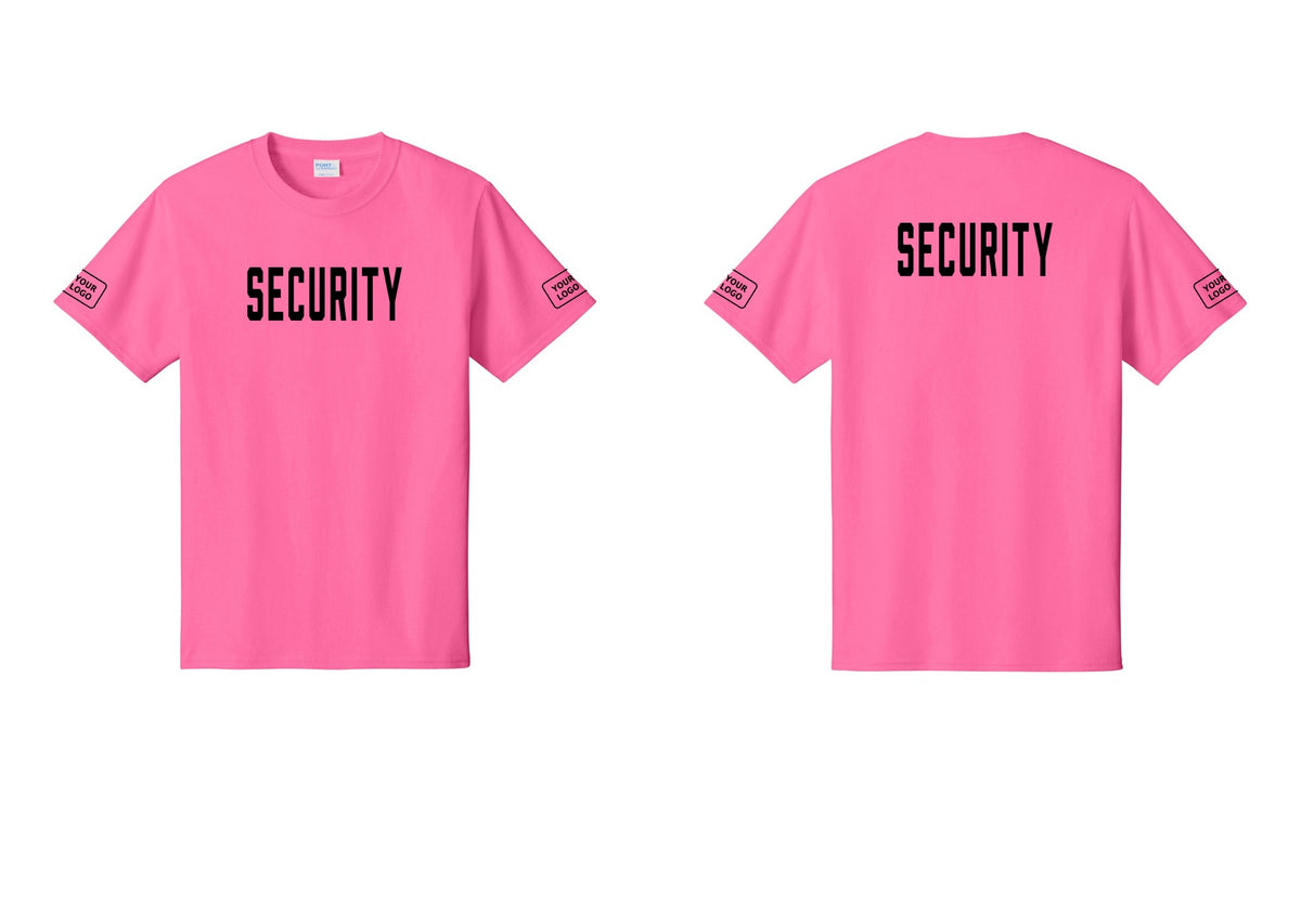 NYC Factory Custom Logo Security T-Shirt, Condensed Lettering - Front + Back + Your Logo Sleeves - Neon Pink
