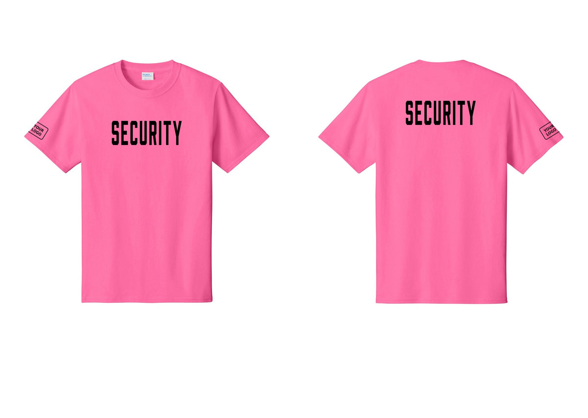 NYC Factory Custom Logo Security T-Shirt, Condensed Lettering - Front + Back + Your Logo Sleeve - Neon Pink