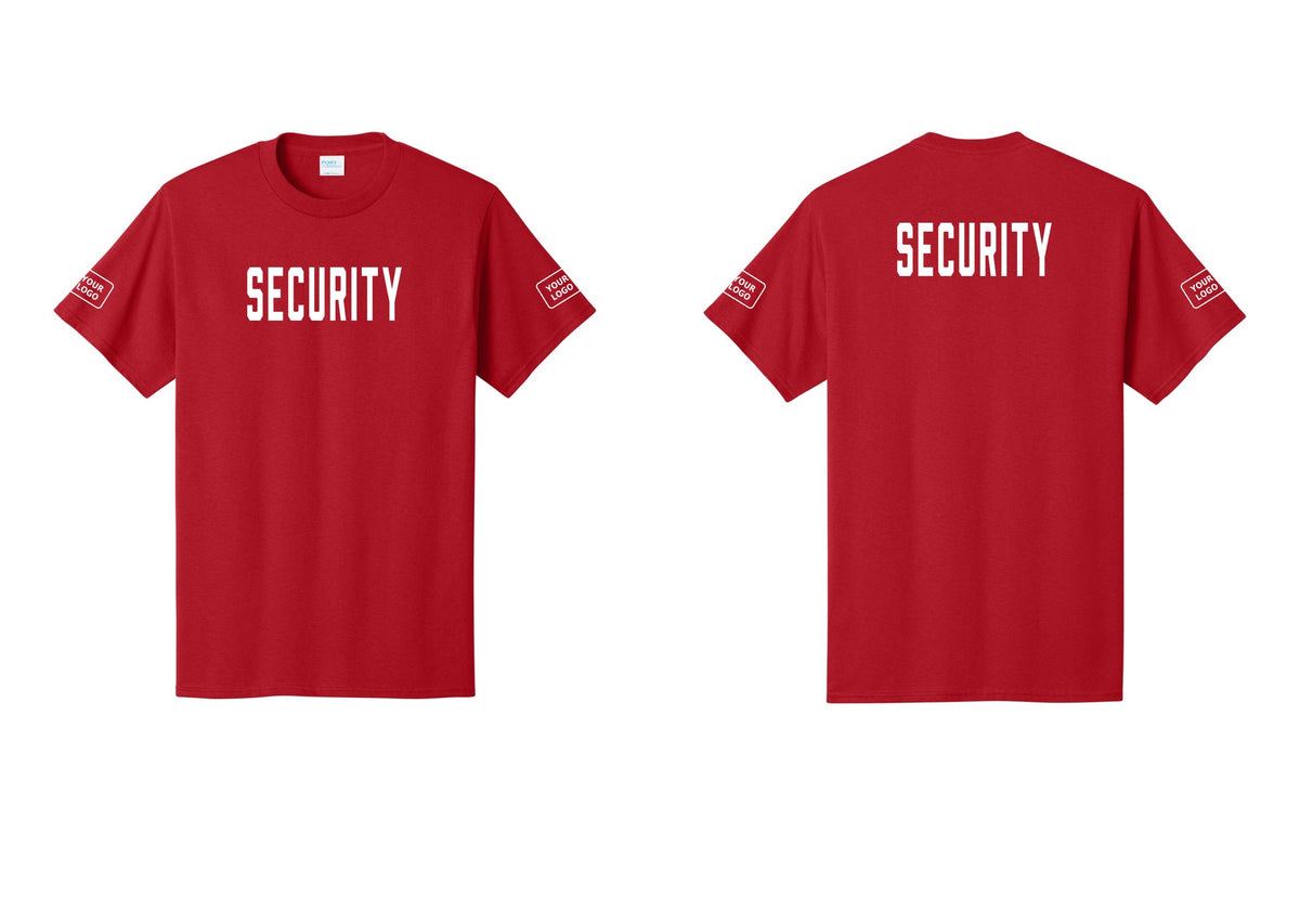NYC Factory Custom Logo Security T-Shirt, Condensed Lettering - Front + Back + Your Logo Sleeves - Red