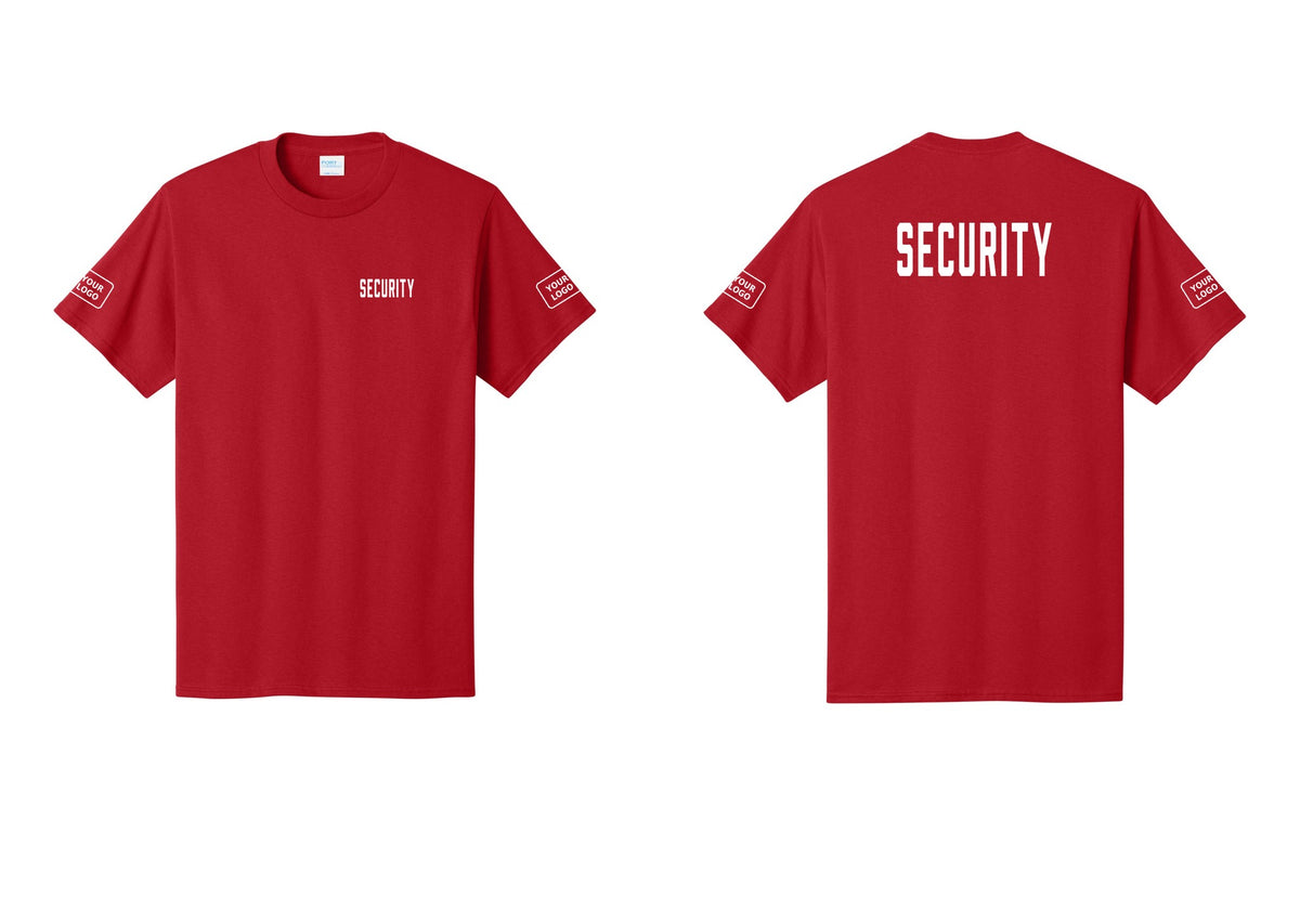 NYC Factory Unisex Security Custom Logo Black T-Shirt - Chest + Back + Your Logo Sleeves - Red