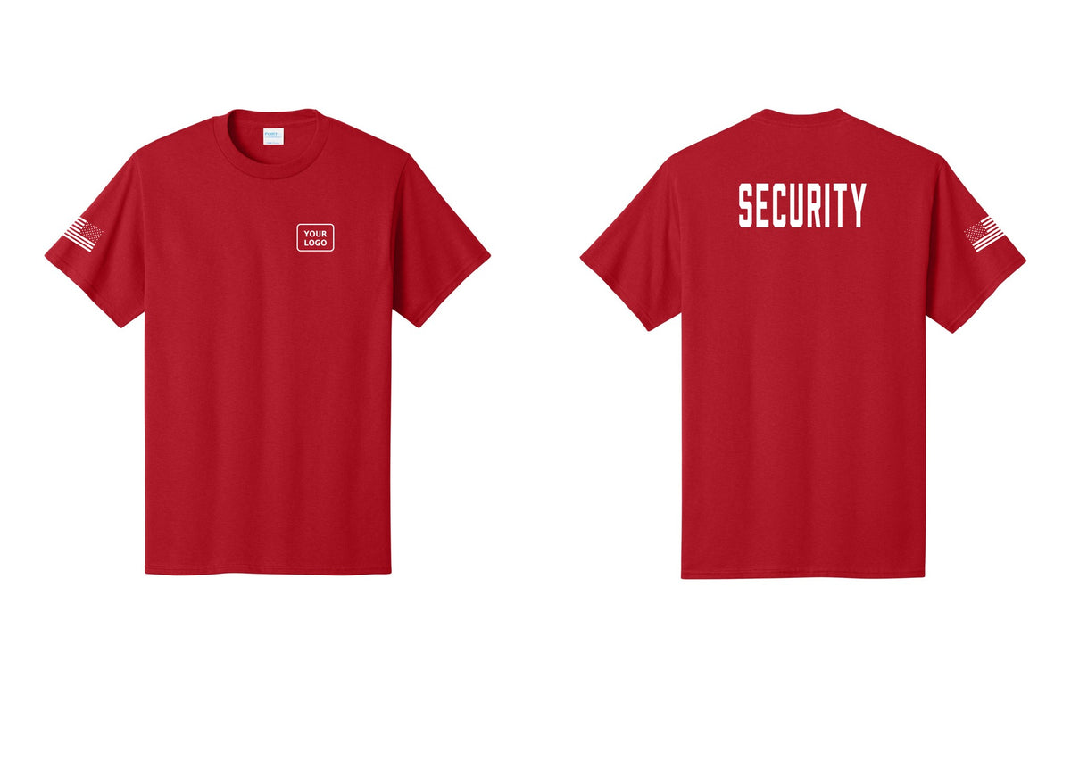 NYC Factory Custom Logo Security T-Shirt, Condensed Lettering - Your Logo + Back + US Flag Sleeve - Red