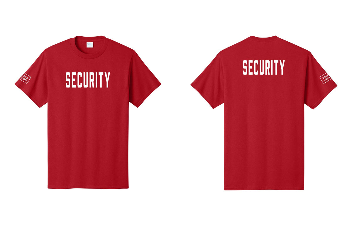 NYC Factory Unisex Security Custom Logo Black T-Shirt - Front + Back + Your Logo Sleeve - Red
