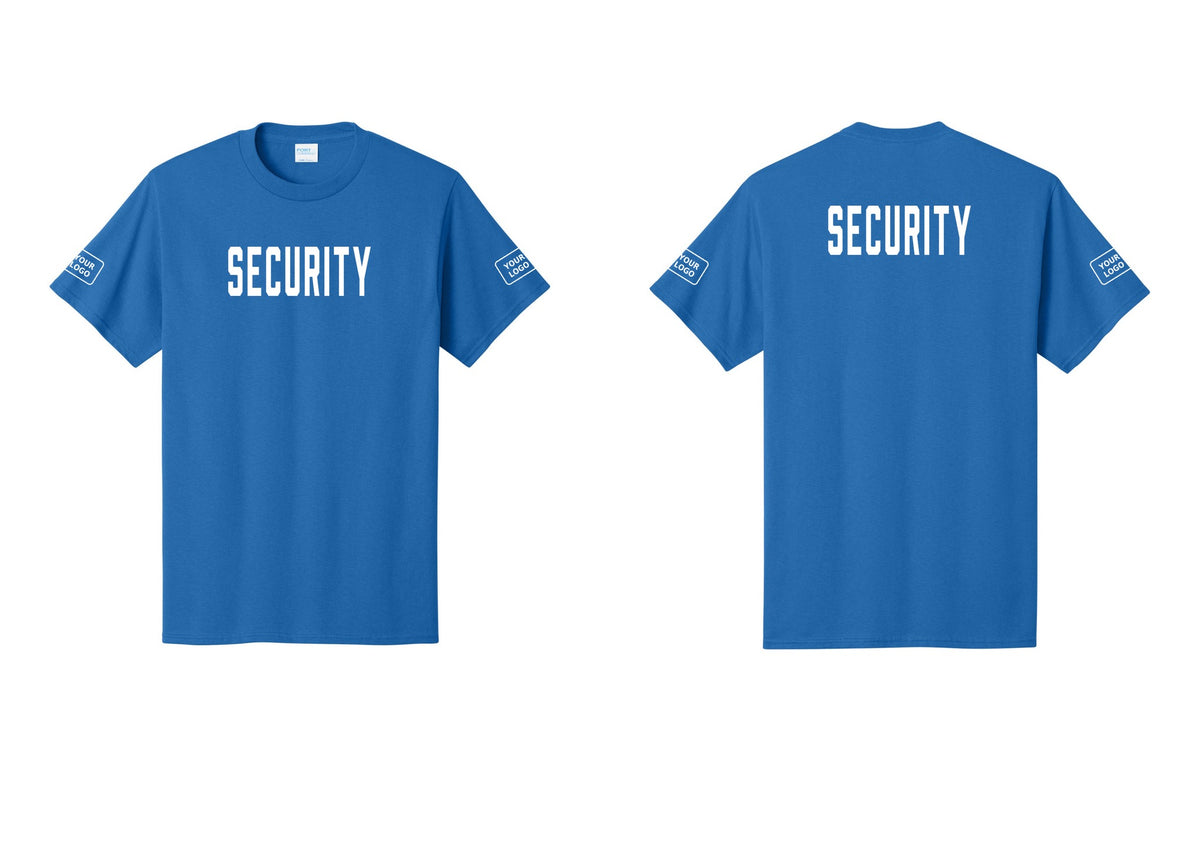 NYC Factory Custom Logo Security T-Shirt, Condensed Lettering - Front + Back + Your Logo Sleeves - Royal