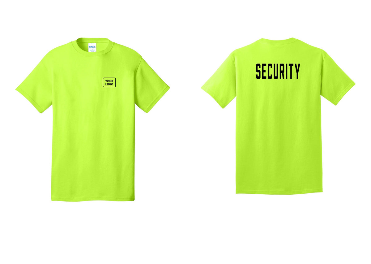 NYC Factory Custom Logo Security T-Shirt, Condensed Lettering - Your Logo + Back - Safety Green
