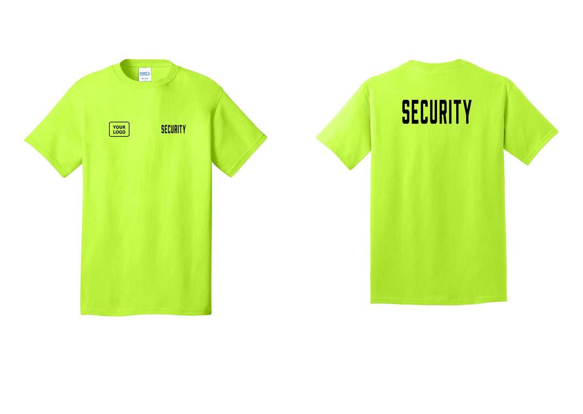 NYC Factory Unisex Security Custom Logo Black T-Shirt - SECURITY + Your Logo + Back - Safety Green